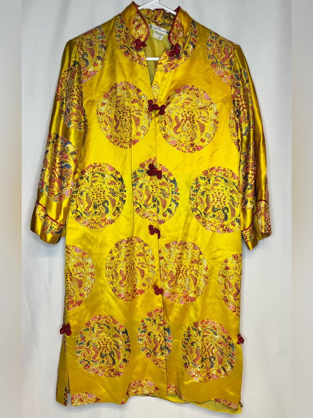 Vintage 60s 70s Queen Silk Brocade Chinese Robe Dress XS S Gold Yellow Duster